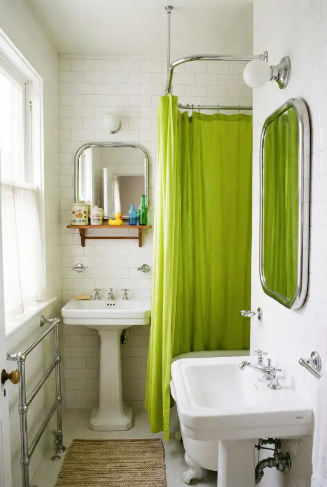 Lime Green Shower Curtain With Retro Accessories 1