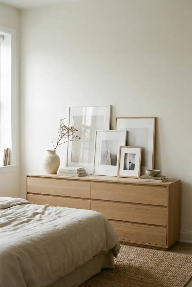 Long Dresser Decor With Layered Art Above 1