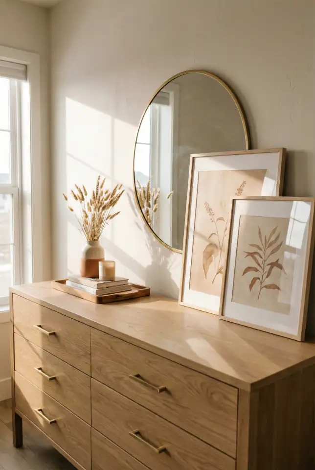 Long Dresser Decor With Layered Art Above 2