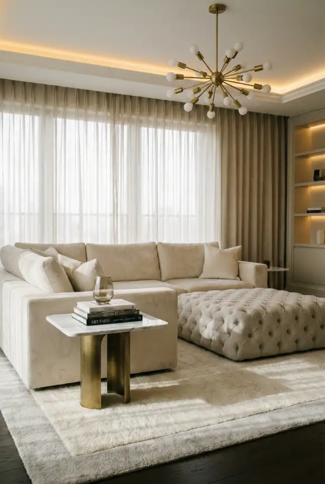 Luxury Hotel-Inspired Family Room With Plush Neutrals 2