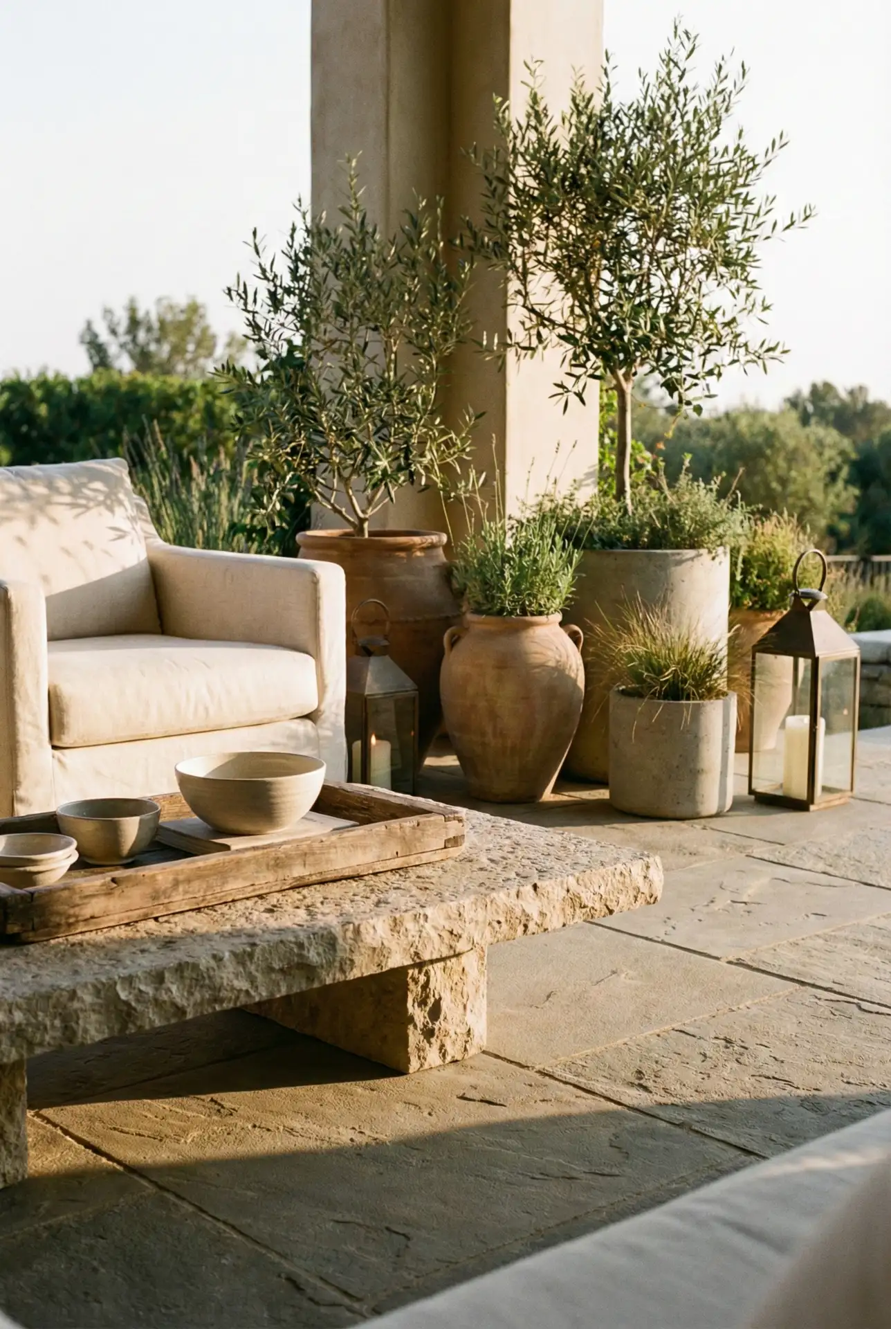 Luxury Patio With Concrete Planters And Stone Coffee Table 2