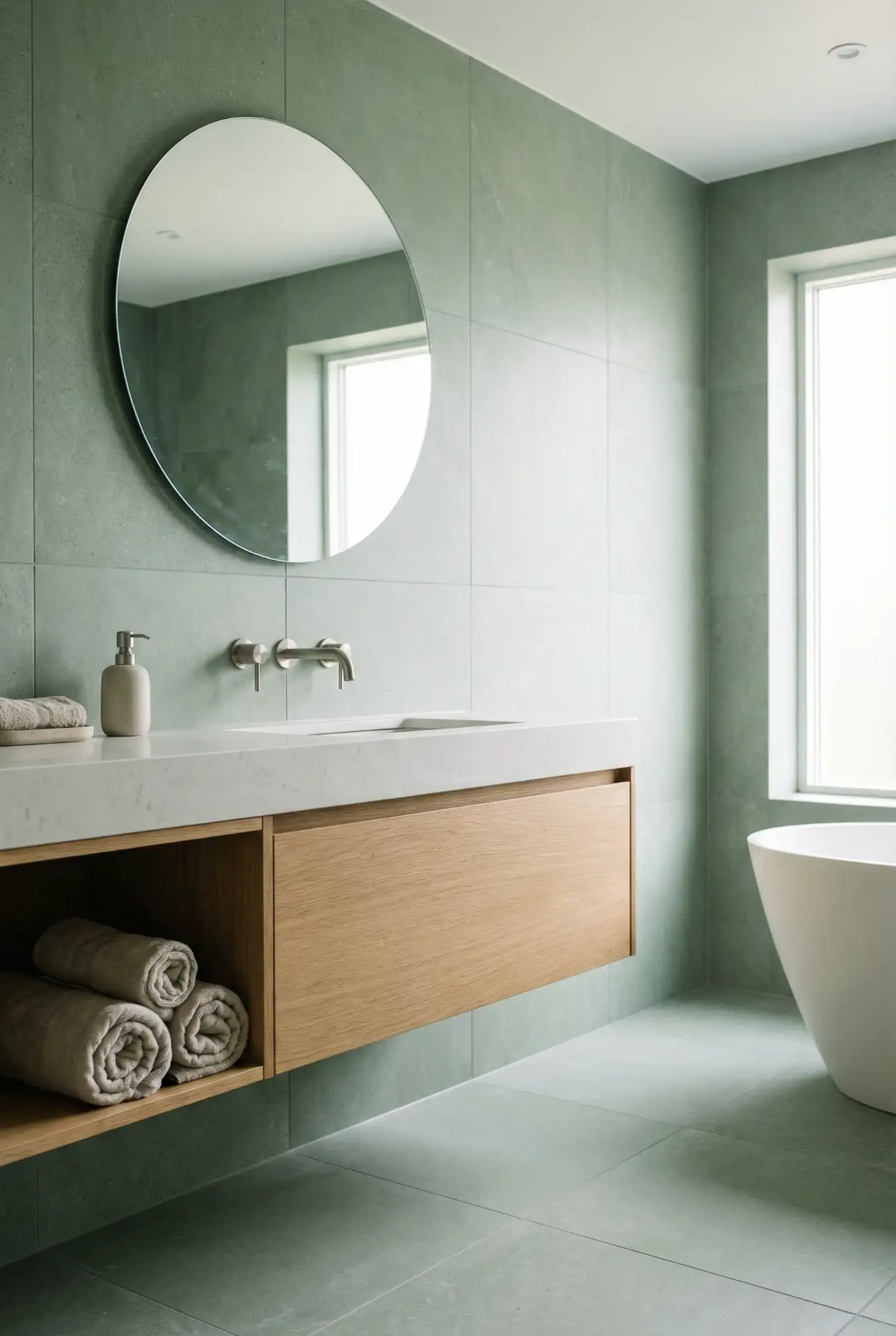 Luxury Scandinavian Bathroom With Soft Green Stone Mood 2