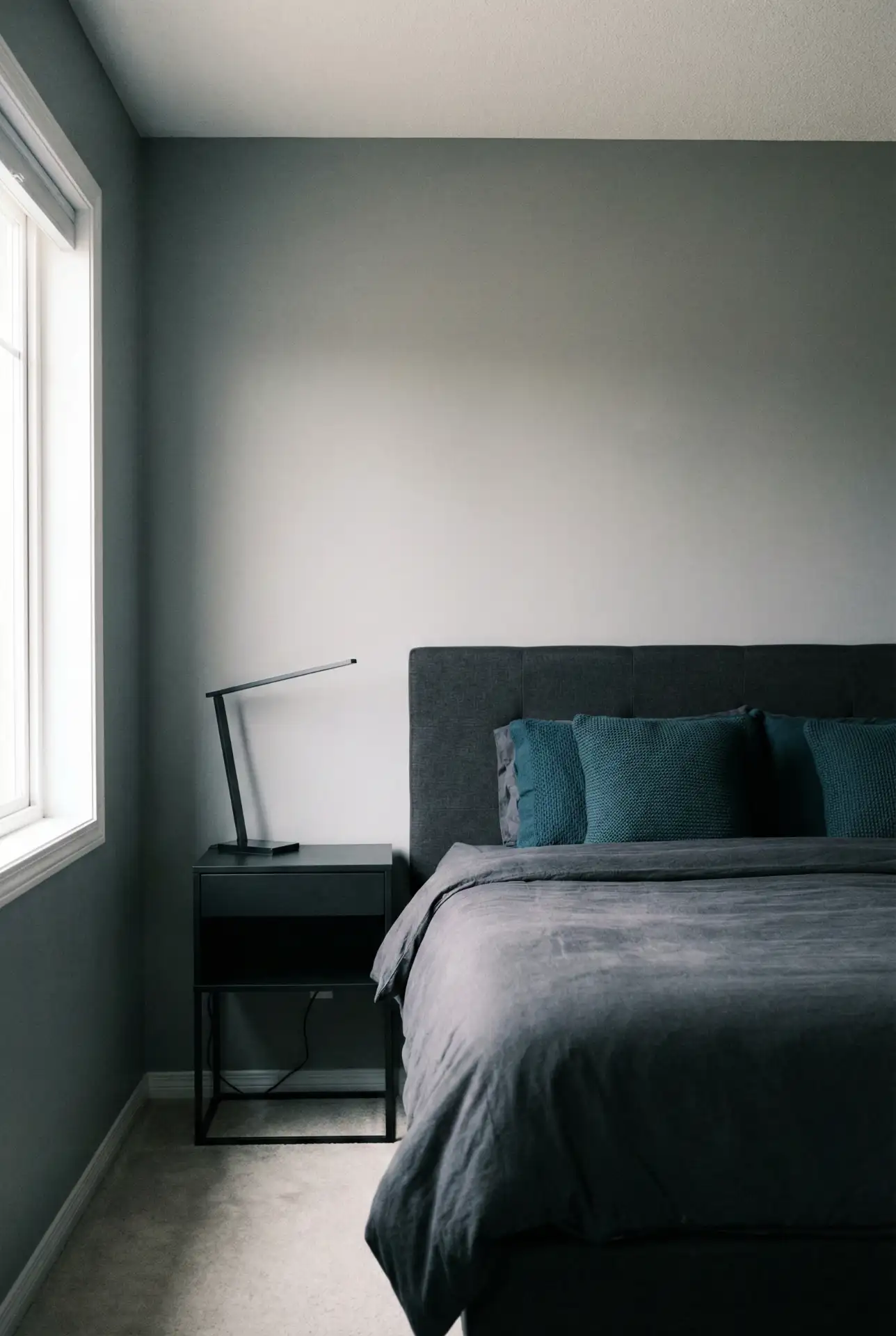 Masculine Grey Bedroom With Teal Highlights 1