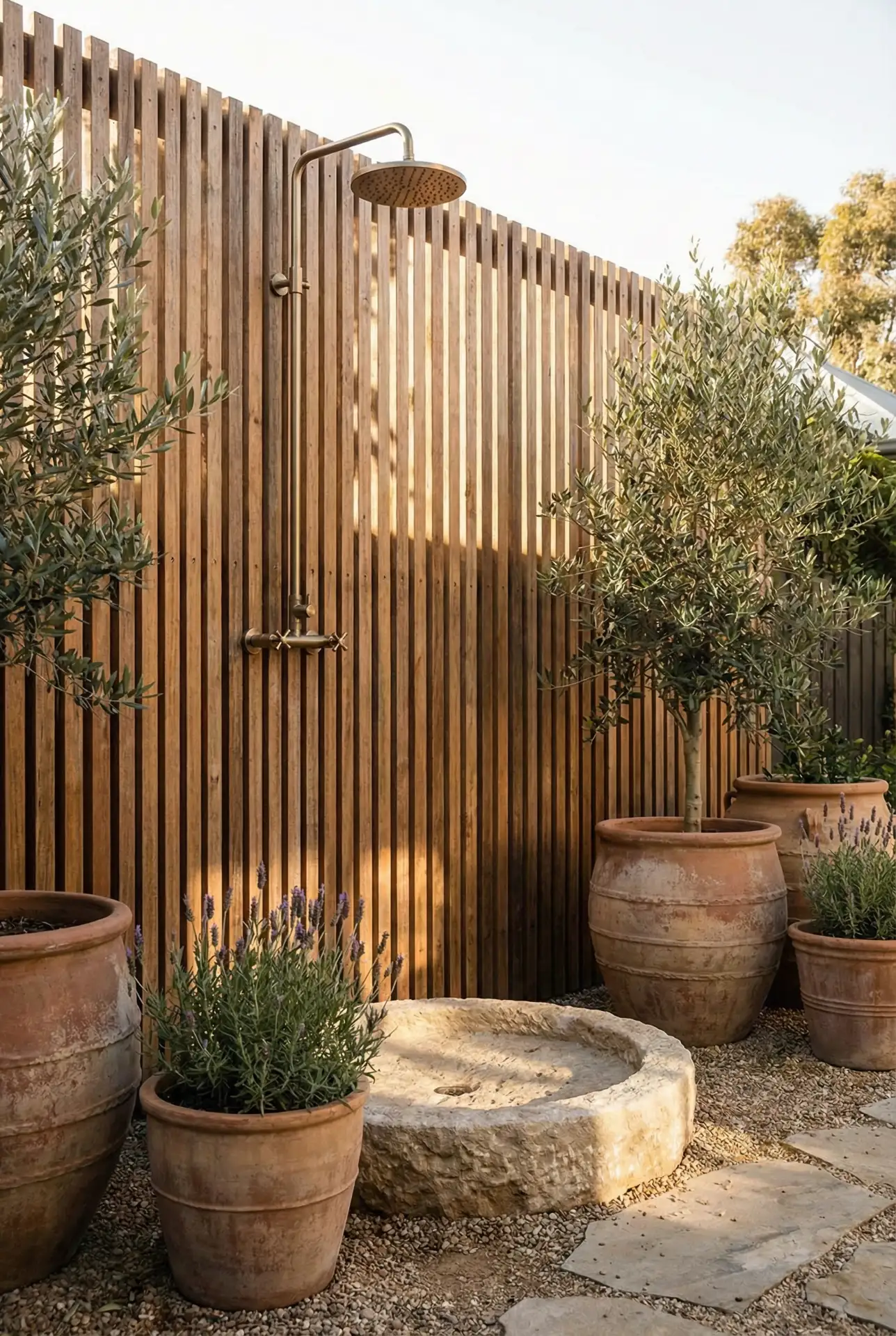 Mediterranean Outdoor Shower Corner With Privacy Slats 1
