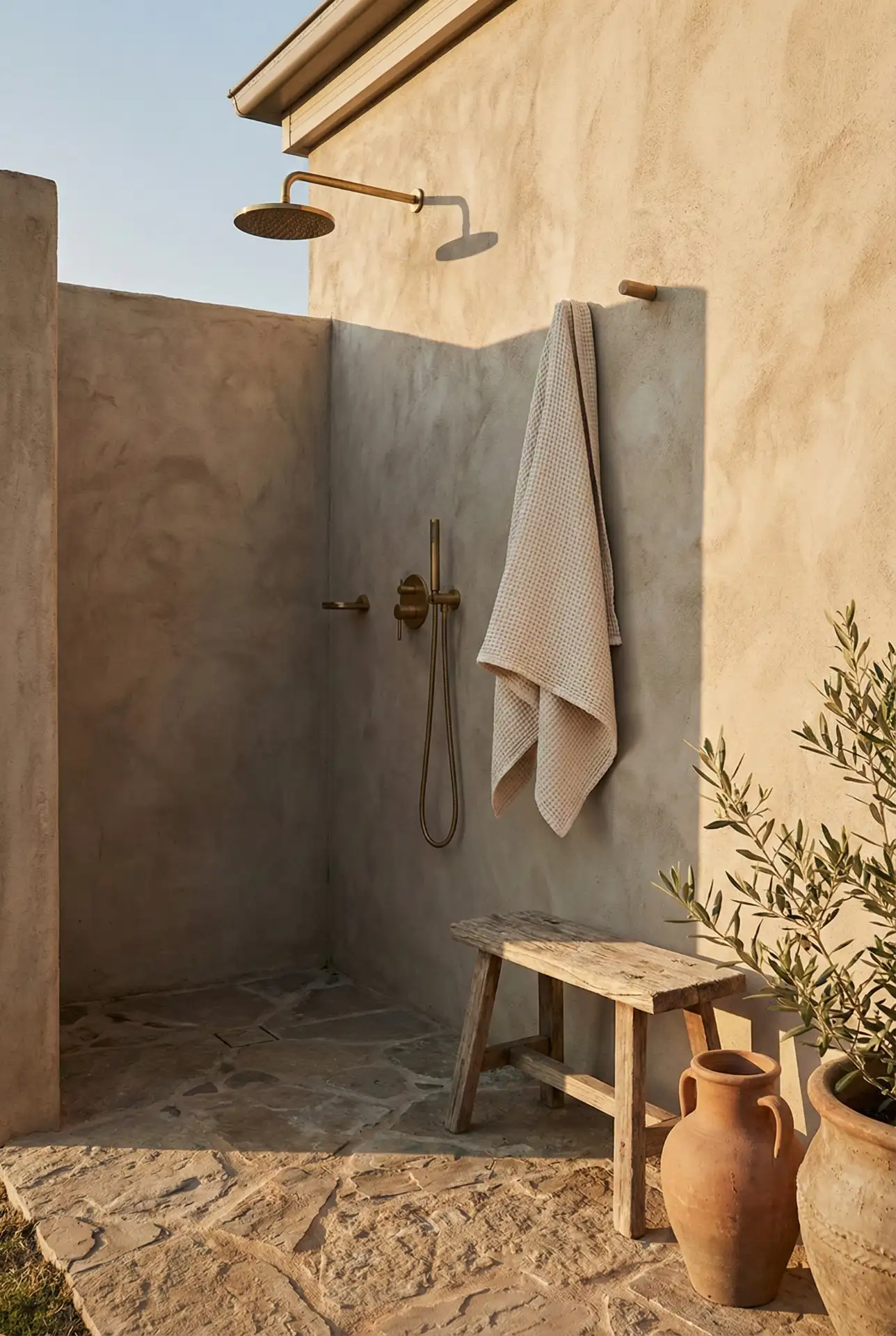 Mediterranean Outdoor Shower Corner With Privacy Slats 2