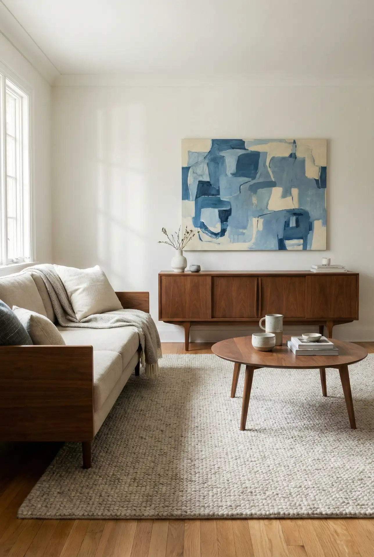 Mid-Century Neutral Cottage With Blue Pop And Clean Lines 1