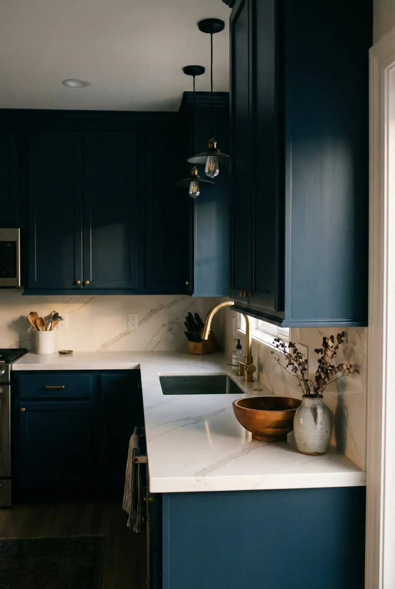Midnight Cabinets With White And Marble-Look Counters 2
