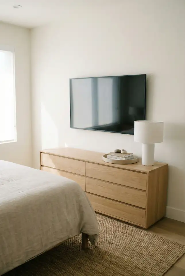 Minimal Dresser Decor in a Bedroom With TV Mounted 1