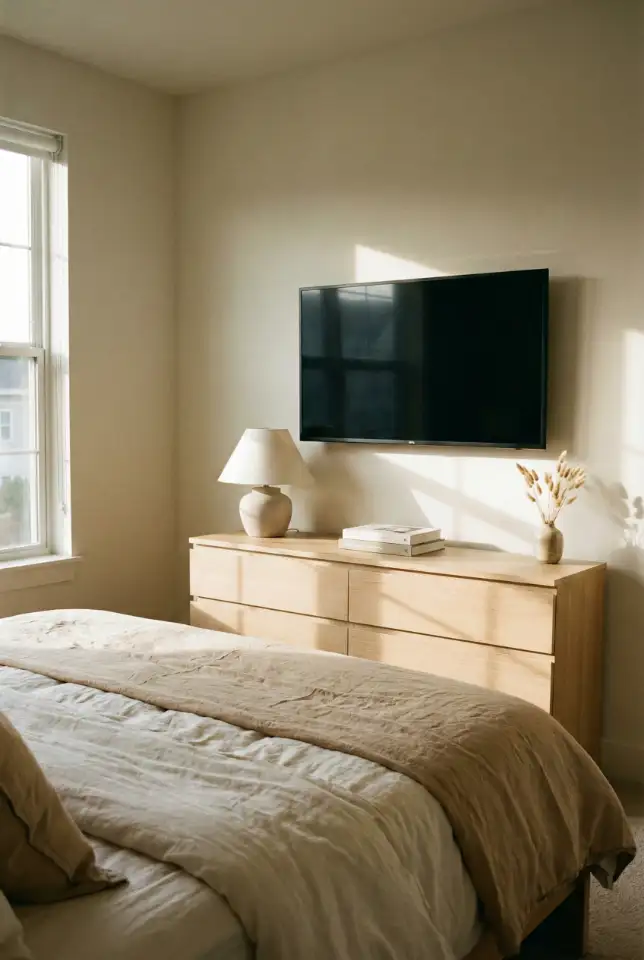 Minimal Dresser Decor in a Bedroom With TV Mounted 2