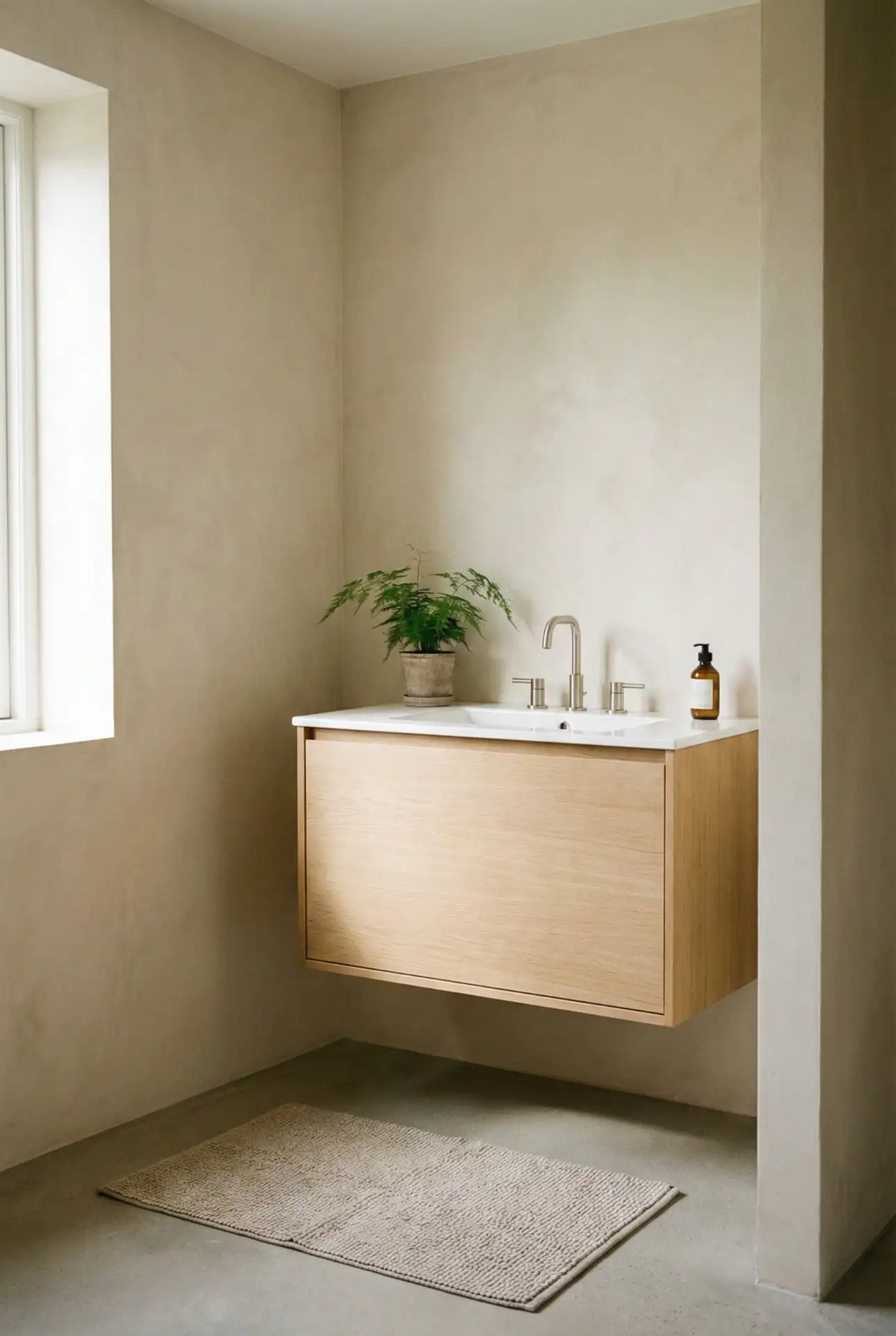 Minimal Scandinavian Bathroom With Warm Wood + Stone 2