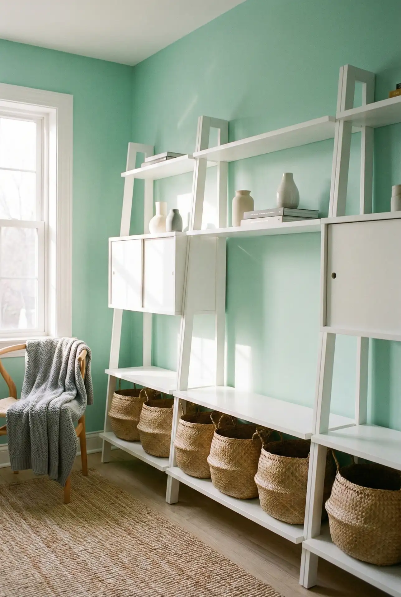 Mint Bedroom With Built-In Storage And Calm Styling 2