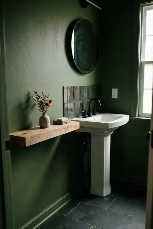 Modern Green Powder Room With Clean Tile and Black Accents 1