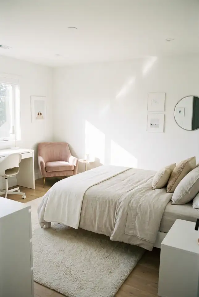 Modern Minimal Bedroom With Pink Accent Chair 1