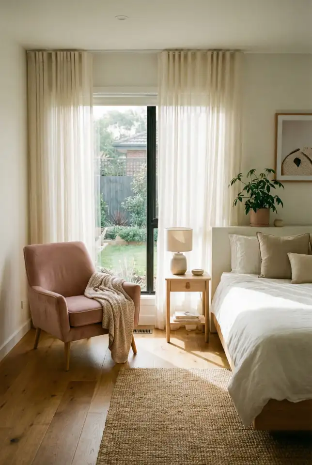 Modern Minimal Bedroom With Pink Accent Chair 2