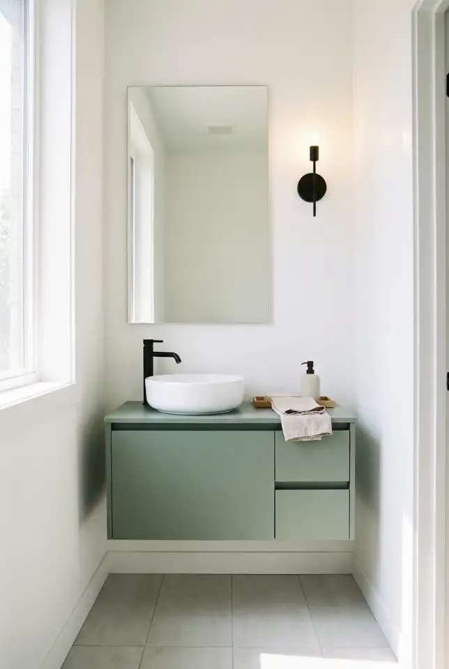 Modern Small Guest Half Bath With Green Vanity Statement 1