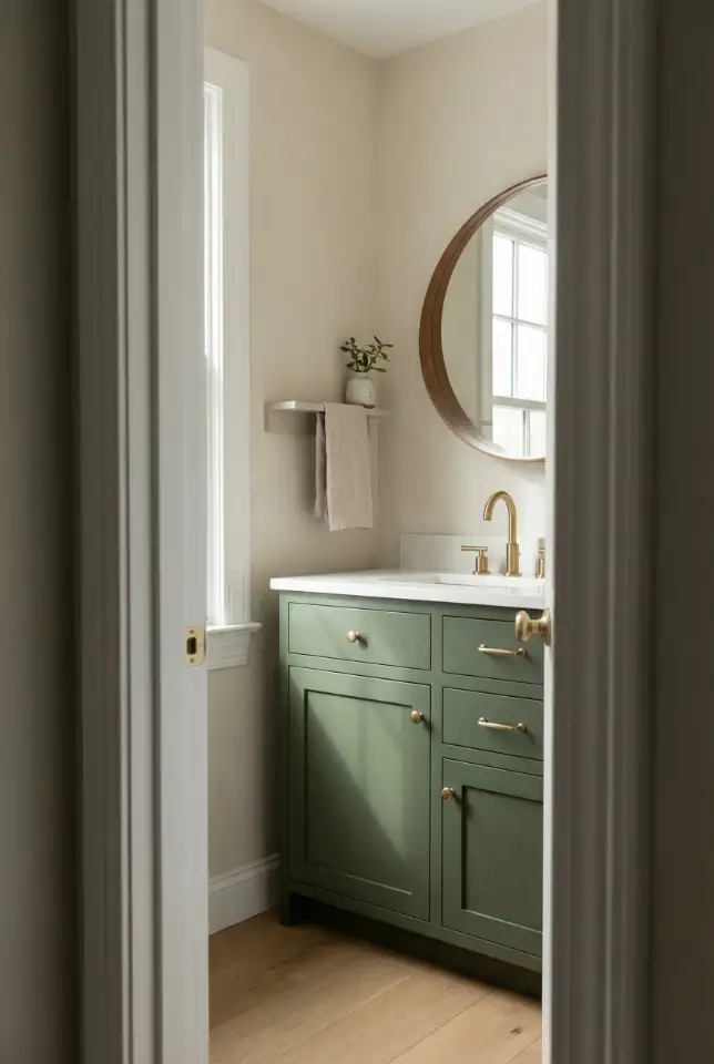 Modern Small Guest Half Bath With Green Vanity Statement 2