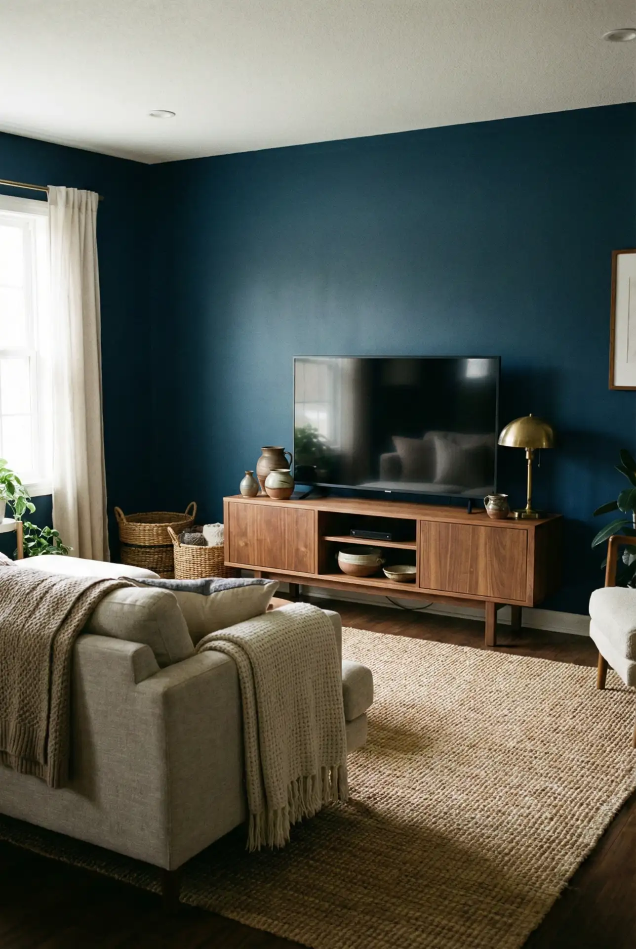 Moody Blue Cottage With TV Console And Earthy Texture 1