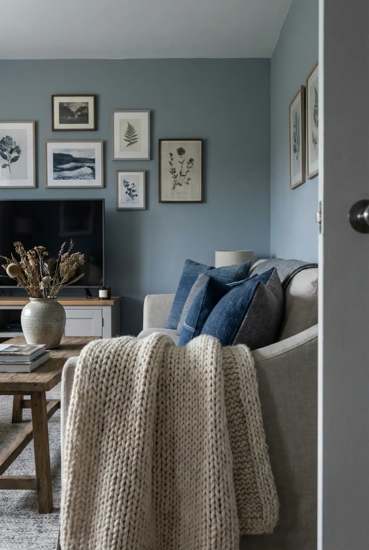 Moody Blue Cottage With TV Console And Earthy Texture 2