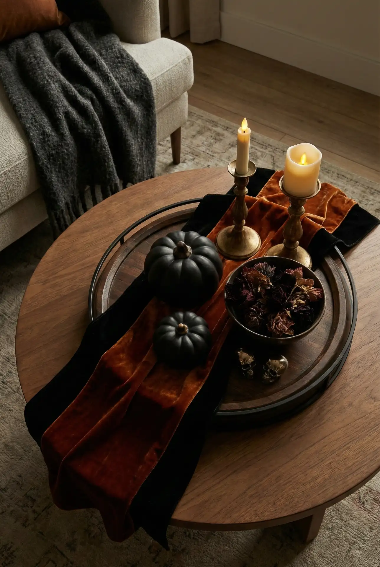 Moody Halloween Black Table with Layered Decorative Trays 1