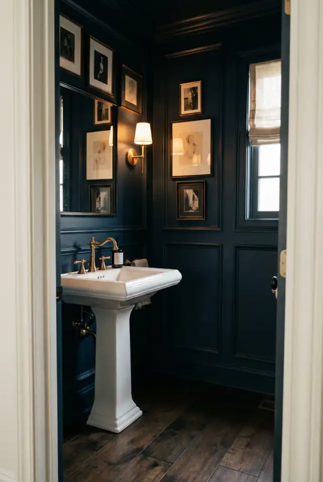 Moody Jewel-Tone Powder Room With Brass Details 1