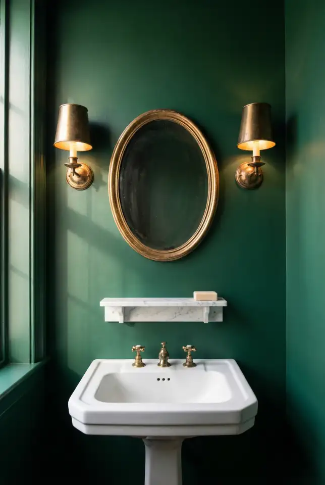 Moody Jewel-Tone Powder Room With Brass Details 2