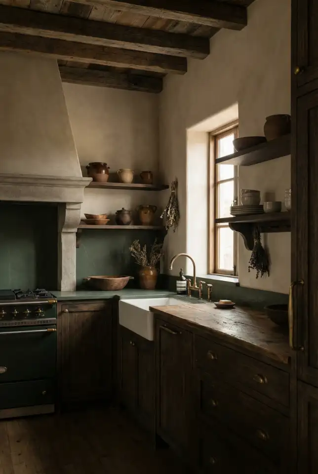 Moody Timber Kitchen With Dark Green Accents 1