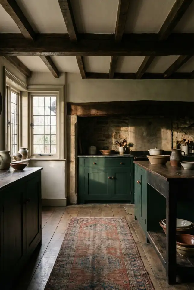 Moody Timber Kitchen With Dark Green Accents 2