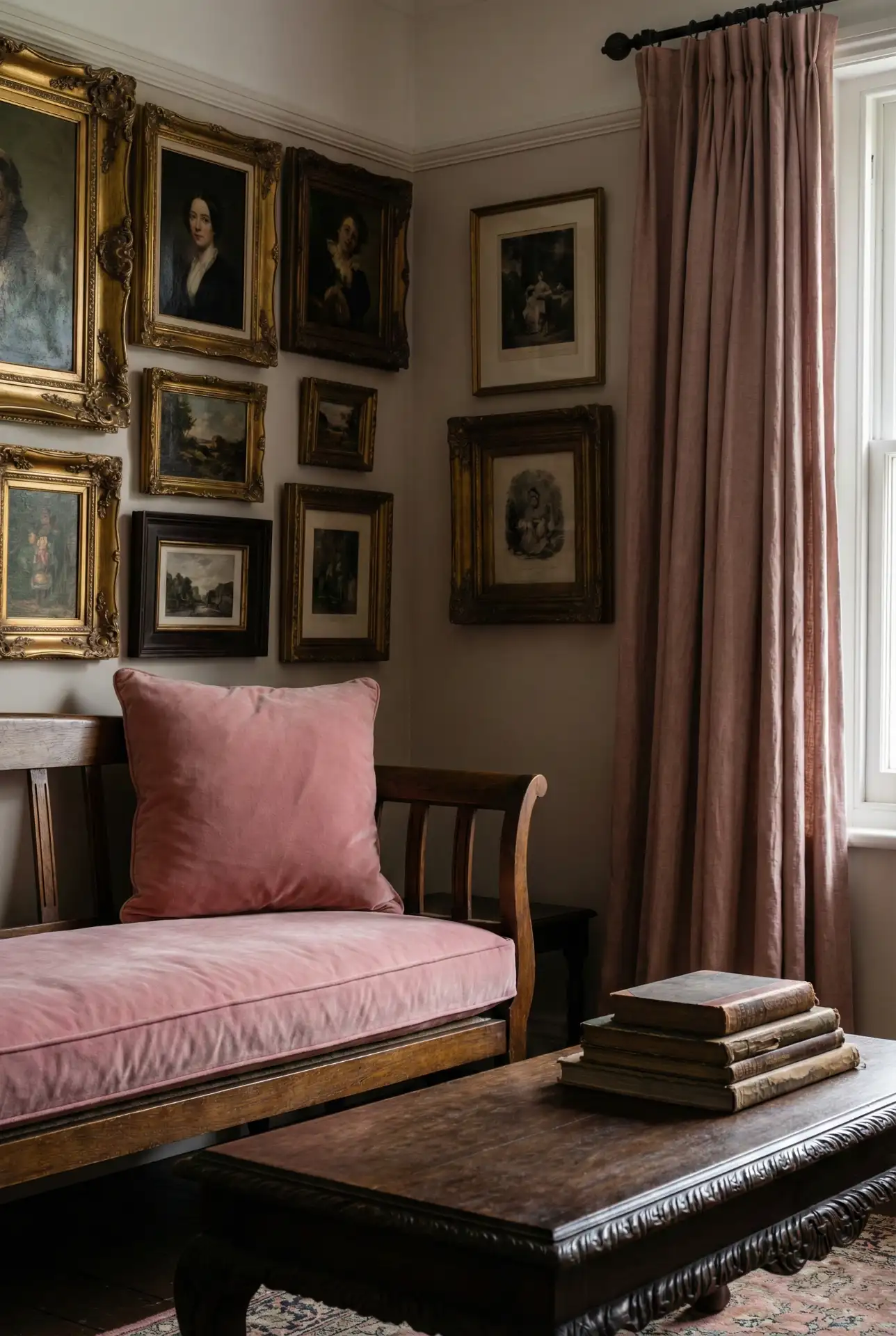Moody Victorian Lounge With Pink Velvet And Dark Neutrals 2