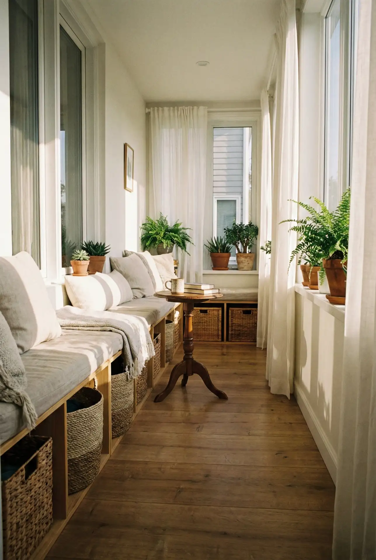 Narrow Enclosed Sunroom With Built-In Storage Bench 1