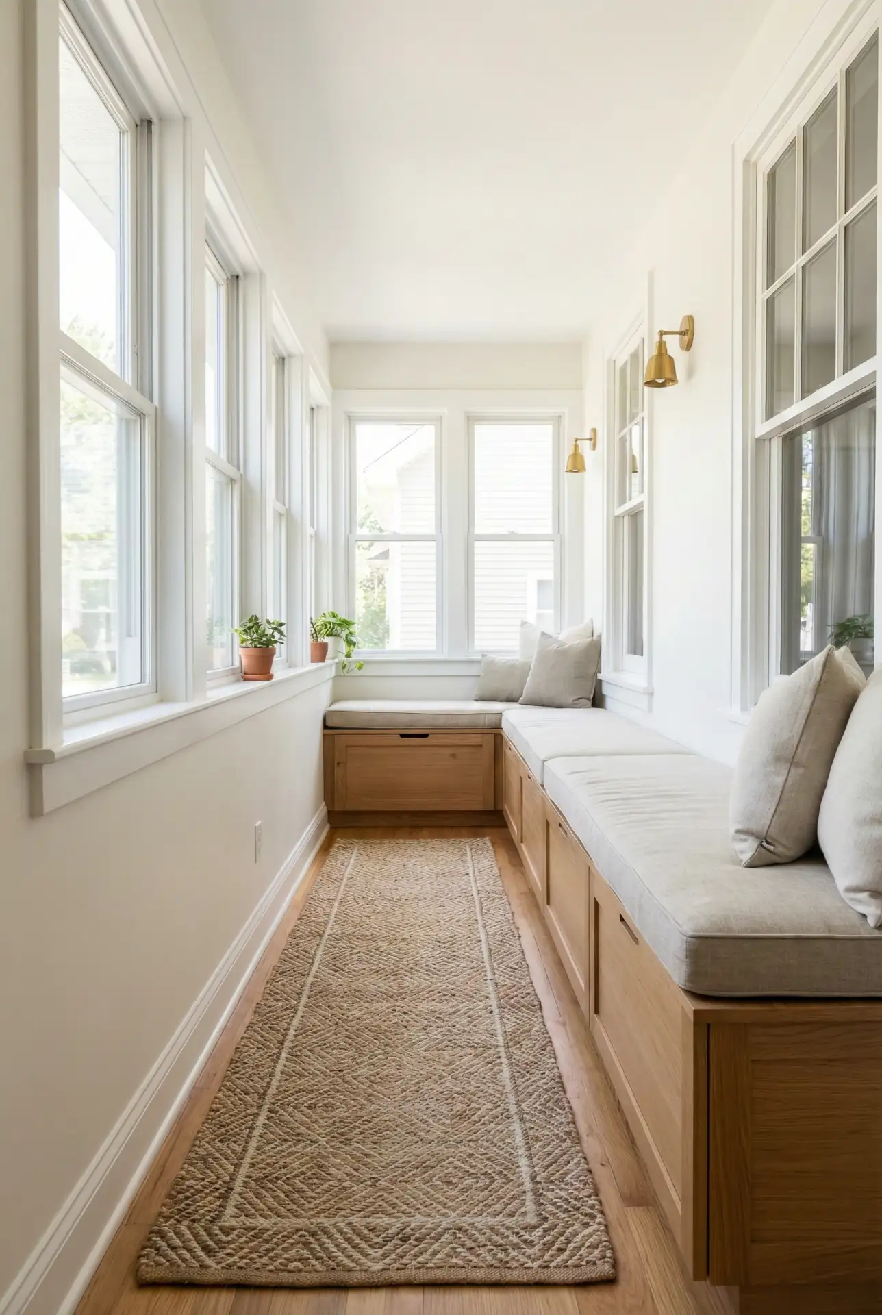 Narrow Enclosed Sunroom With Built-In Storage Bench 2