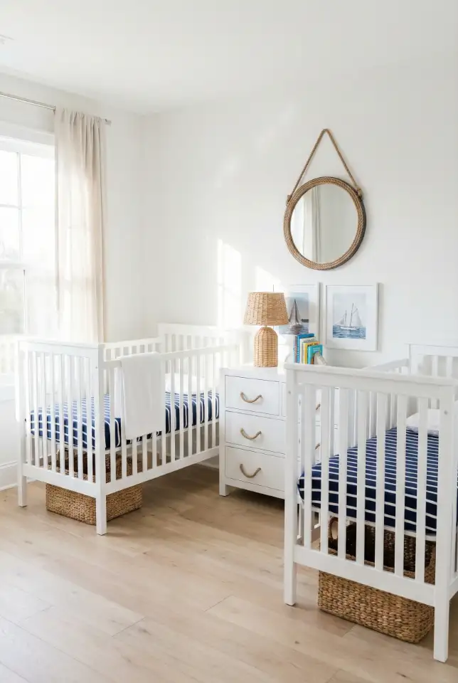 Nautical Twin Nursery With Coordinated Symmetry 1