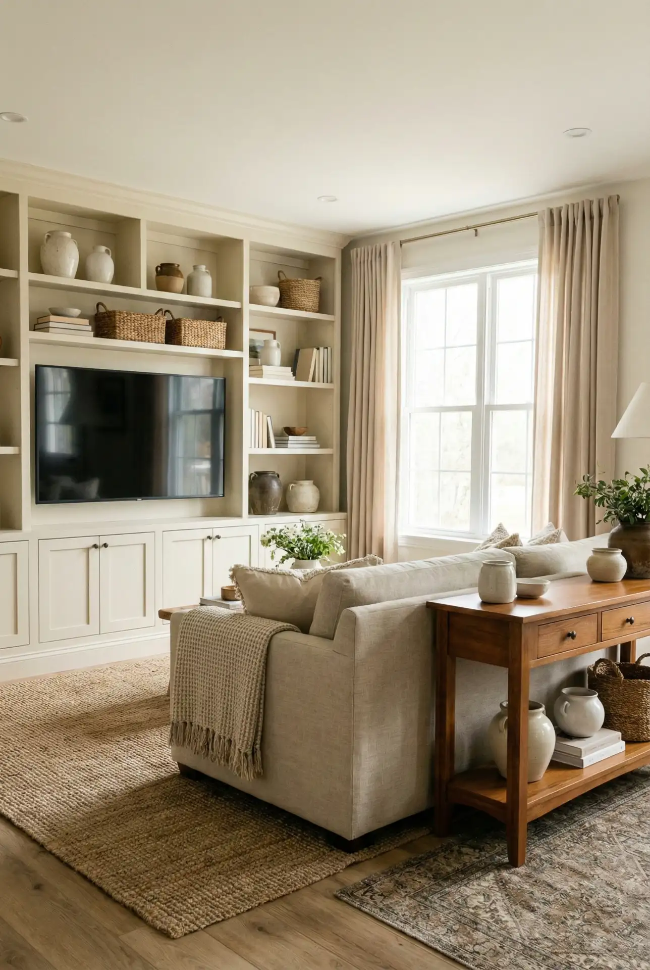 Neutral Cottage With A Hidden TV Zone And Soft Curtains 1