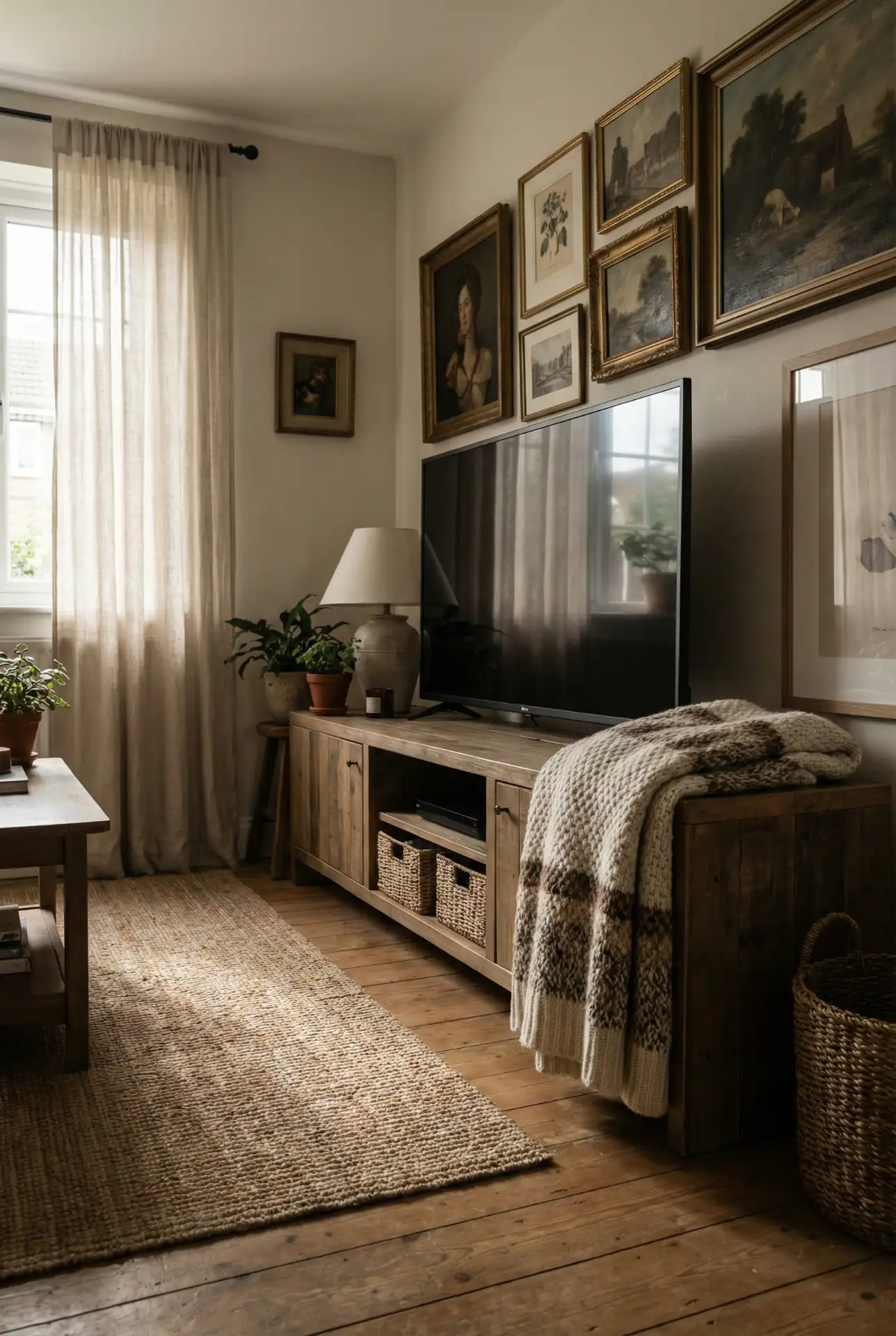 Neutral Cottage With A Hidden TV Zone And Soft Curtains 2