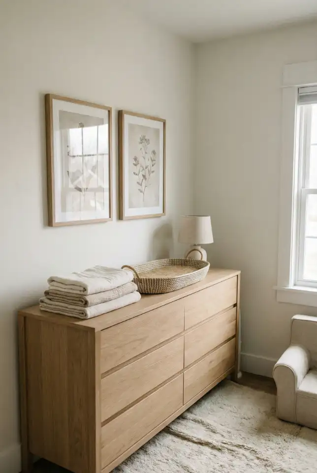 Nursery Dresser Decor With Calm Vertical Art 1