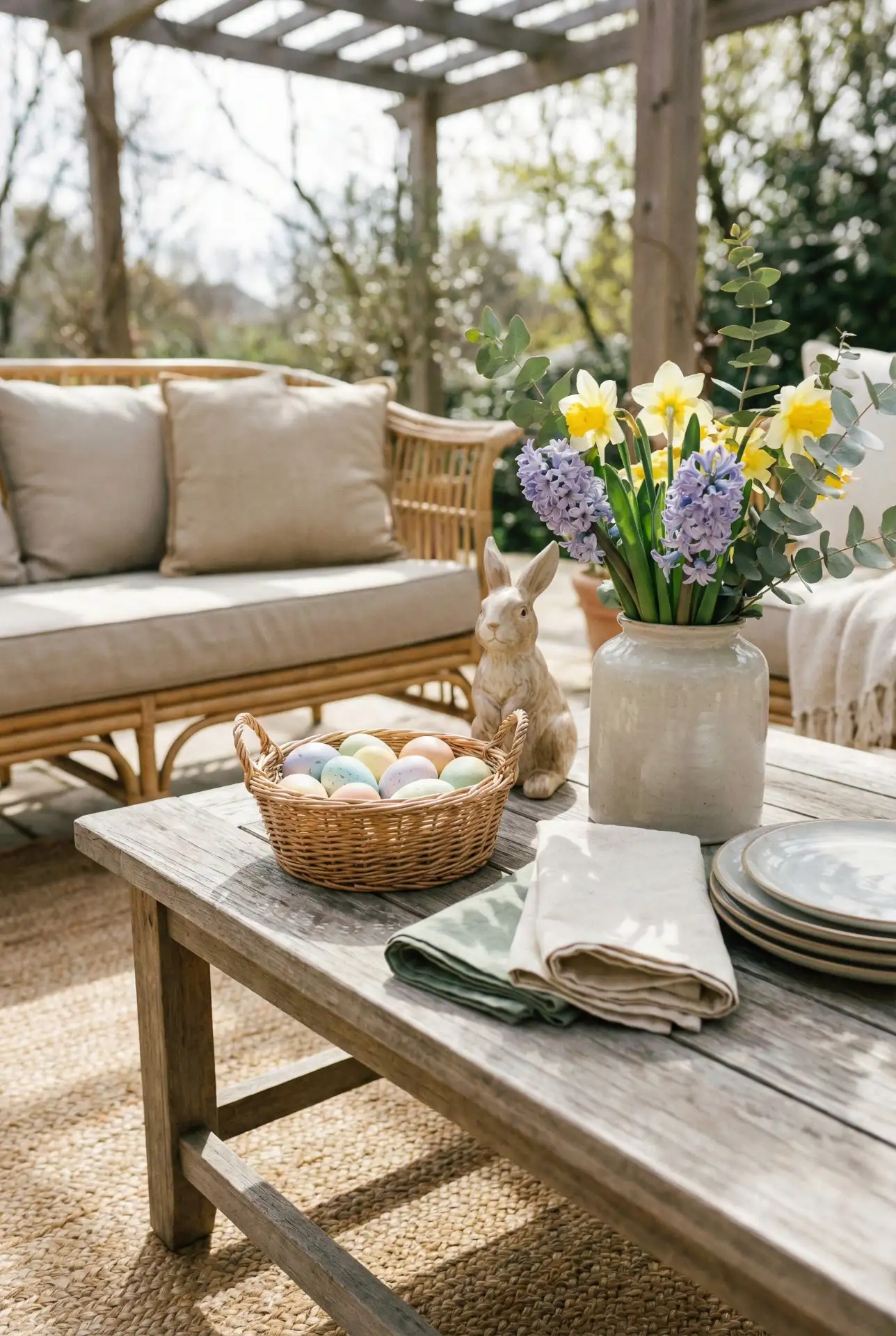 Outdoor Wood Coffee Table with Casual Easter Accents 1