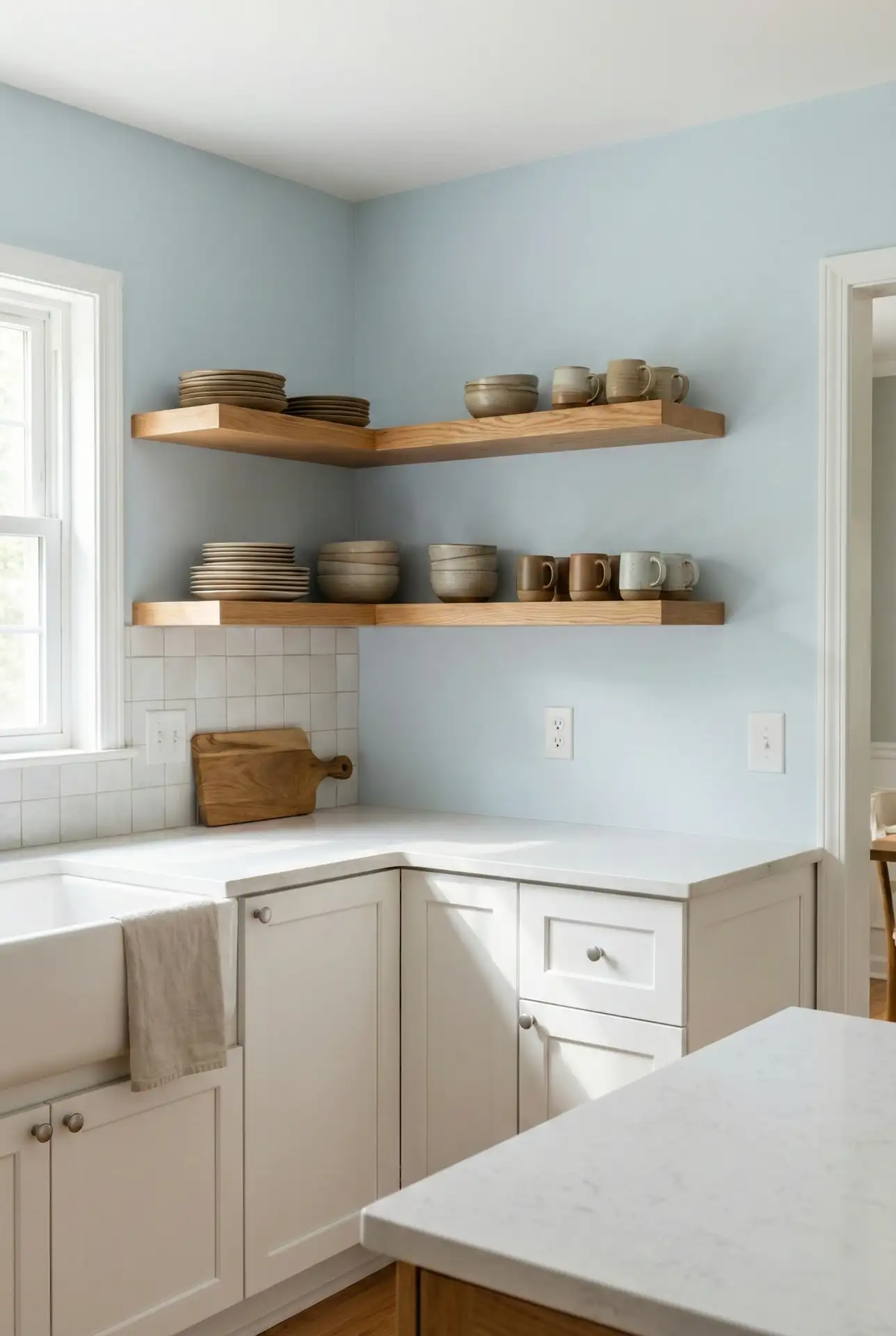 Pale Blue Walls With Wood And Floating Shelves 1