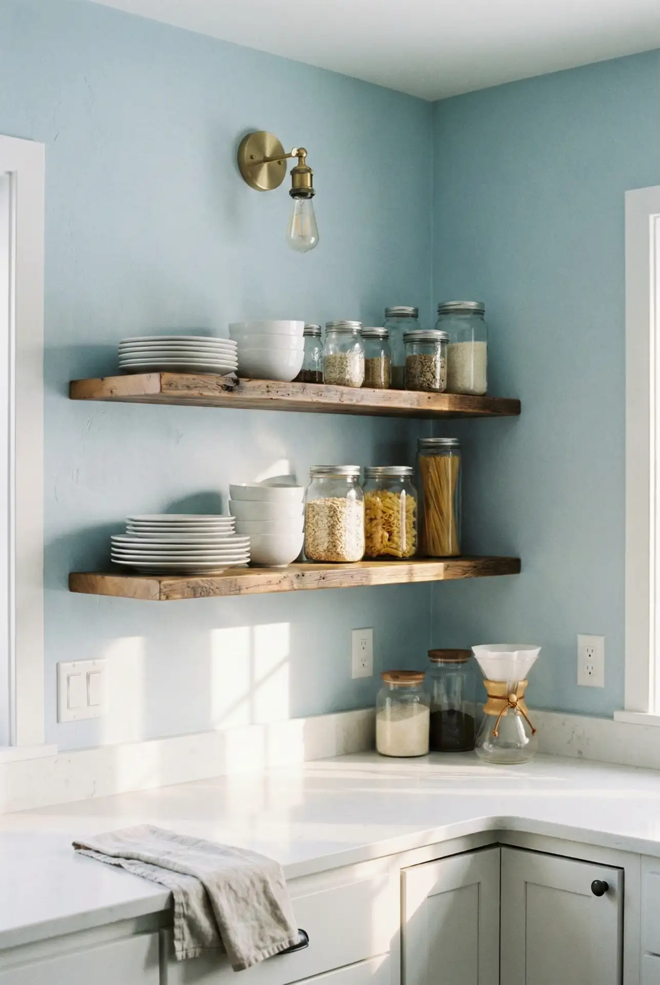 Pale Blue Walls With Wood And Floating Shelves 2
