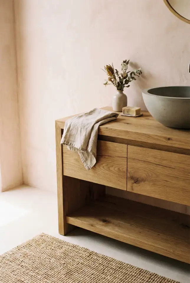 Pale Pink Walls With Natural Wood Sink Area 1