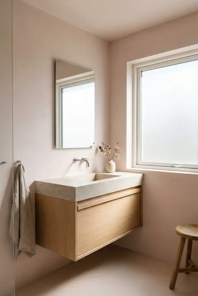 Pale Pink Walls With Natural Wood Sink Area 2