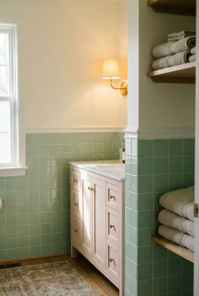 Pastel Green Bathroom With Pink Vanity Moment 2