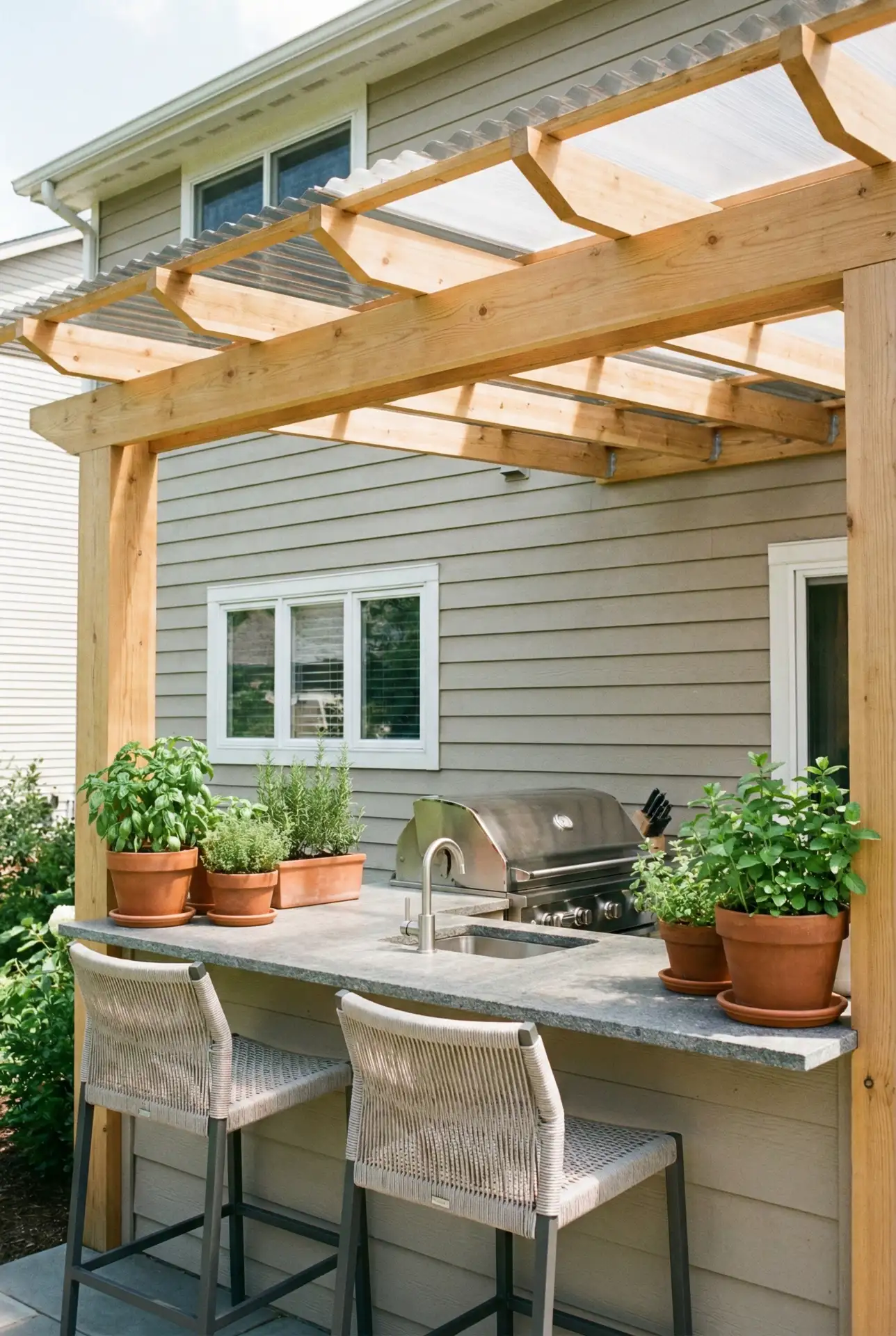 Pergola With Outdoor Kitchen Bar Attached To House 1
