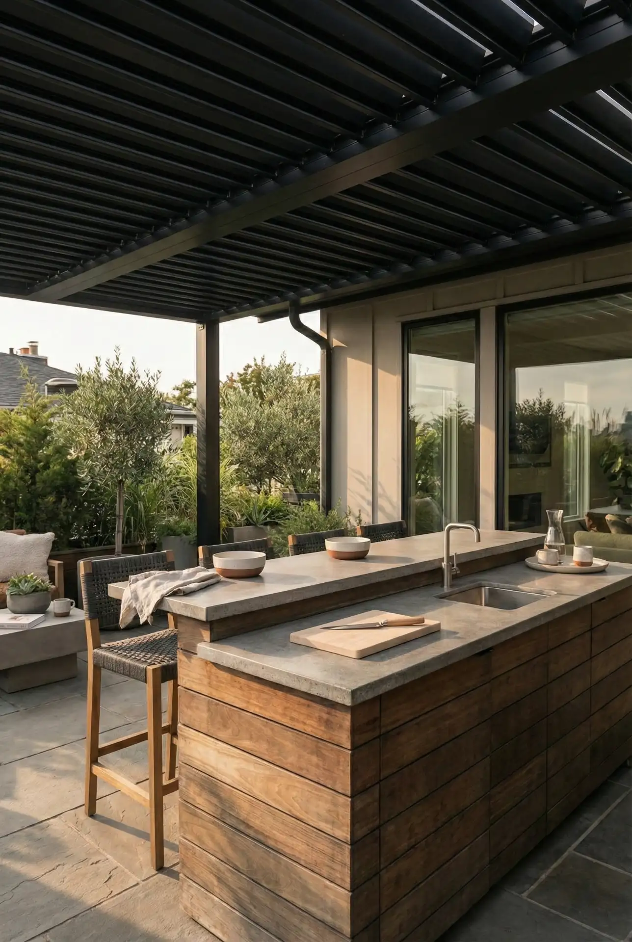 Pergola With Outdoor Kitchen Bar Attached To House 2