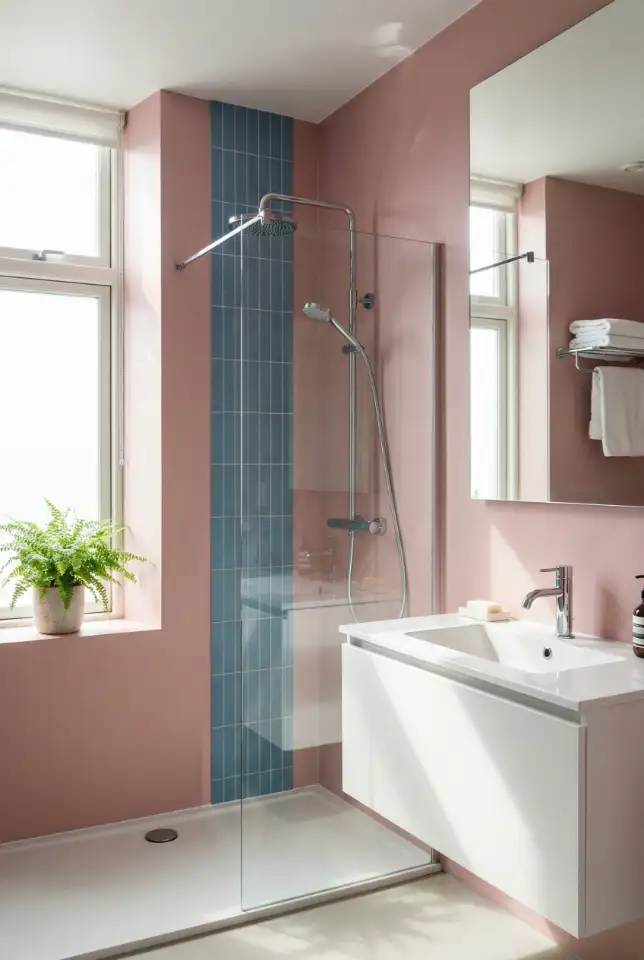 Pink Bathroom With Blue And Chrome Modern Clean Lines 1