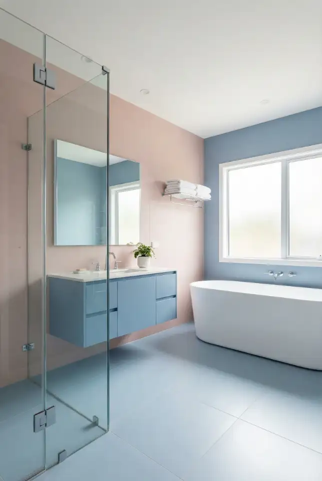 Pink Bathroom With Blue And Chrome Modern Clean Lines 2