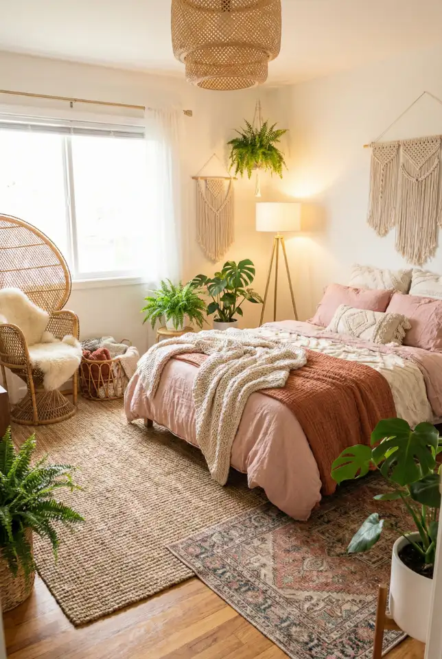 Pink Boho Layered Rug Room 2