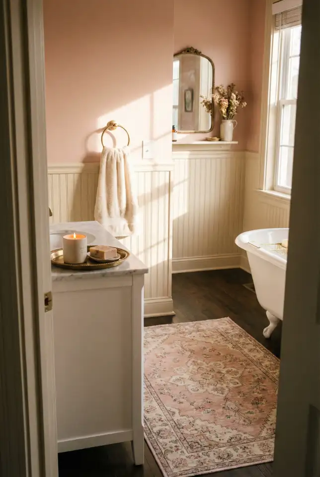 Pink Guest Bathroom With Playful Vintage Details 2
