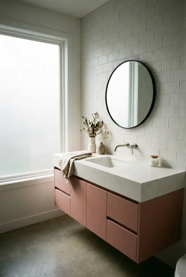 Pink Vanity With Blue And Grey Tile Mix 1