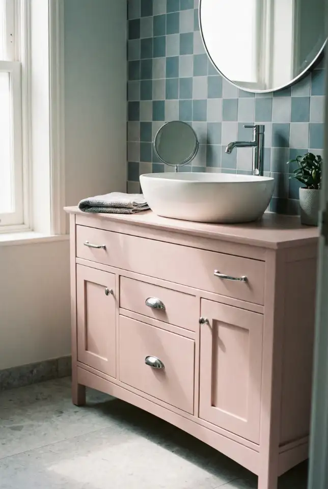 Pink Vanity With Blue And Grey Tile Mix 2