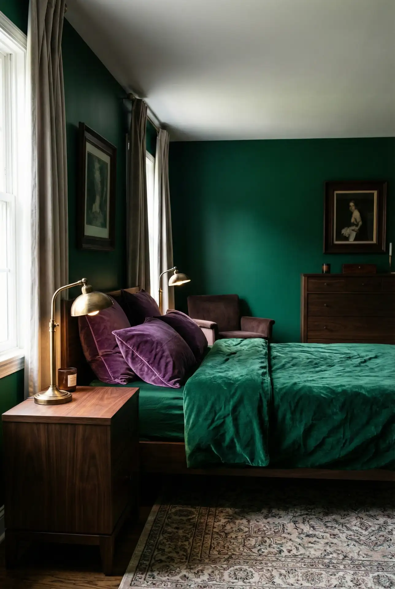 Purple And Green Jewel-Tone Bedroom With Plush Layers 1