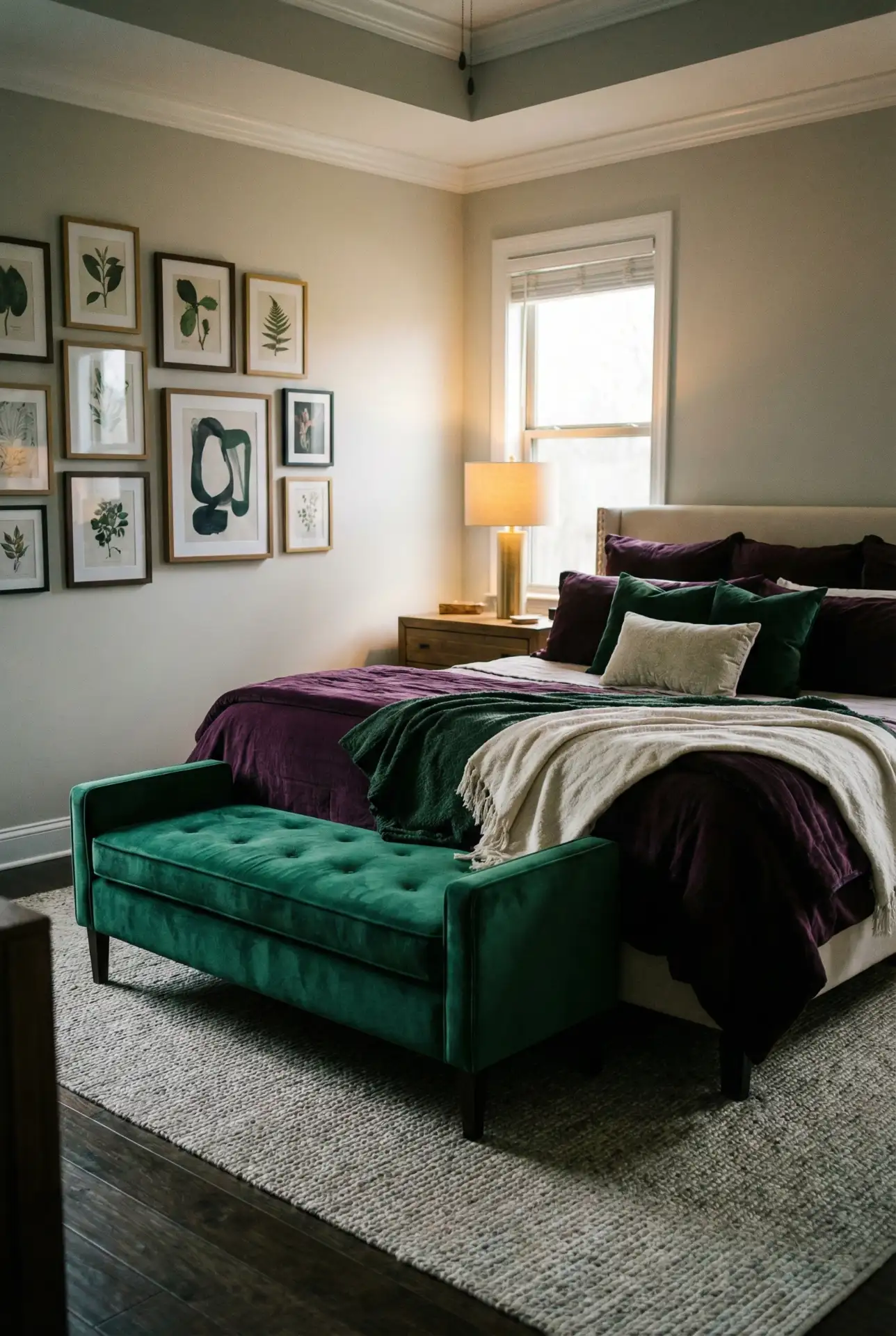 Purple And Green Jewel-Tone Bedroom With Plush Layers 2